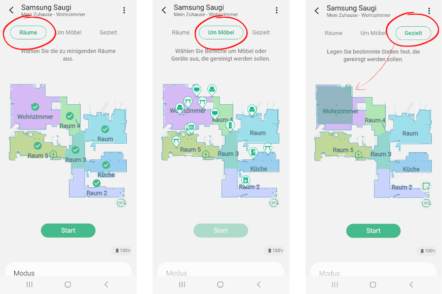 Der zu reinigende Bereich wird in der Samsung Jat Bot AI+ App ausgewählt.